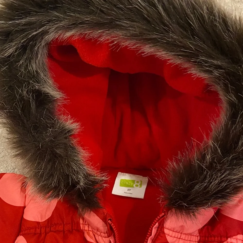 Crazy 8 Puffer Ciat with Pink Dots and Faux Fur Hood Size 5